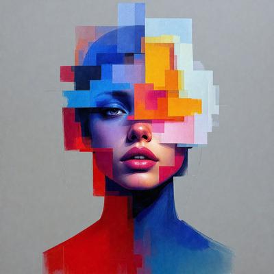 The primary subject of the image is a woman's face, which is depicted in a colorful and artistic manner. The setting is a gray background, and the visual style is a combination of digital art and illustration. The colors and mood of the image are vibrant and lively, with the woman's face being the main focus of the artwork.
